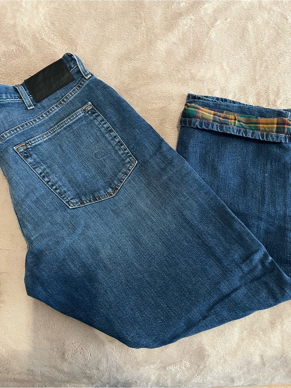 Eddie Bauer Mid-Blue Relaxed Fit Jeans with Plaid Cuff